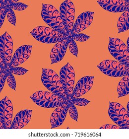 Chestnut Leaves. Seamless Zentangle Pattern with Bright Ornate Elements. Boho Abstract Pattern for Cloth, Swimwear, Dress, Linen. Colorful Seamless Texture in Trendy Colors.