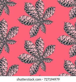 Chestnut Leaves. Seamless Zentangle Pattern with Bright Ornate Elements. Boho Abstract Pattern for Cloth, Swimwear, Dress, Linen. Colorful Seamless Texture in Trendy Colors.