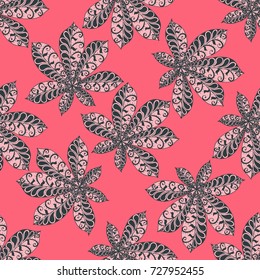 Chestnut Leaves. Seamless Zentangle Pattern with Bright Ornate Elements. Boho Abstract Pattern for Cloth, Swimwear, Dress, Linen. Colorful Seamless Texture in Trendy Colors.