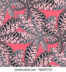 Chestnut Leaves. Seamless Zentangle Pattern with Bright Ornate Elements. Boho Abstract Pattern for Cloth, Swimwear, Dress, Linen. Colorful Seamless Texture in Trendy Colors.