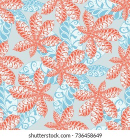Chestnut Leaves. Seamless Zentangle Pattern with Bright Ornate Elements. Boho Abstract Pattern for Cloth, Swimwear, Dress, Linen. Colorful Seamless Texture in Trendy Colors.