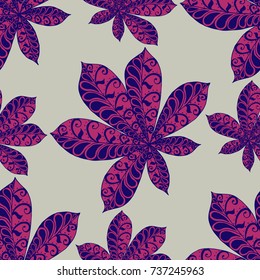 Chestnut Leaves. Seamless Zentangle Pattern with Bright Ornate Elements. Boho Abstract Pattern for Cloth, Swimwear, Dress, Linen. Colorful Seamless Texture in Trendy Colors.