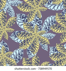 Chestnut Leaves. Seamless Zentangle Pattern with Bright Ornate Elements. Boho Abstract Pattern for Cloth, Swimwear, Dress, Linen. Colorful Seamless Texture in Trendy Colors.