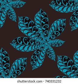Chestnut Leaves. Seamless Zentangle Pattern with Bright Ornate Elements. Boho Abstract Pattern for Cloth, Swimwear, Dress, Linen. Colorful Seamless Texture in Trendy Colors.