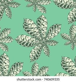 Chestnut Leaves. Seamless Zentangle Pattern with Bright Ornate Elements. Boho Abstract Pattern for Cloth, Swimwear, Dress, Linen. Colorful Seamless Texture in Trendy Colors.