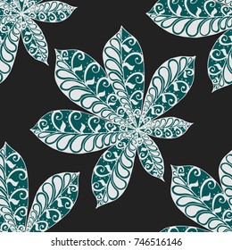Chestnut Leaves. Seamless Zentangle Pattern with Bright Ornate Elements. Boho Abstract Pattern for Cloth, Swimwear, Dress, Linen. Colorful Seamless Texture in Trendy Colors.