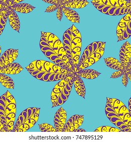 Chestnut Leaves. Seamless Zentangle Pattern with Bright Ornate Elements. Boho Abstract Pattern for Cloth, Swimwear, Dress, Linen. Colorful Seamless Texture in Trendy Colors.