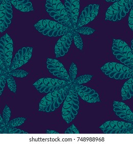 Chestnut Leaves. Seamless Zentangle Pattern with Bright Ornate Elements. Boho Abstract Pattern for Cloth, Swimwear, Dress, Linen. Colorful Seamless Texture in Trendy Colors.