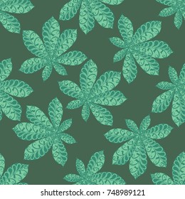Chestnut Leaves. Seamless Zentangle Pattern with Bright Ornate Elements. Boho Abstract Pattern for Cloth, Swimwear, Dress, Linen. Colorful Seamless Texture in Trendy Colors.