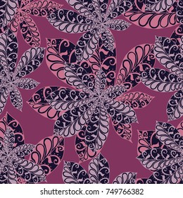 Chestnut Leaves. Seamless Zentangle Pattern with Bright Ornate Elements. Boho Abstract Pattern for Cloth, Swimwear, Dress, Linen. Colorful Seamless Texture in Trendy Colors.
