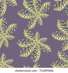 Chestnut Leaves. Seamless Zentangle Pattern with Bright Ornate Elements. Boho Abstract Pattern for Cloth, Swimwear, Dress, Linen. Colorful Seamless Texture in Trendy Colors.