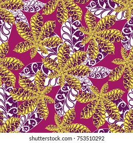 Chestnut Leaves. Seamless Zentangle Pattern with Bright Ornate Elements. Boho Abstract Pattern for Cloth, Swimwear, Dress, Linen. Colorful Seamless Texture in Trendy Colors.