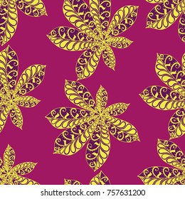Chestnut Leaves. Seamless Zentangle Pattern with Bright Ornate Elements. Boho Abstract Pattern for Cloth, Swimwear, Dress, Linen. Colorful Seamless Texture in Trendy Colors.