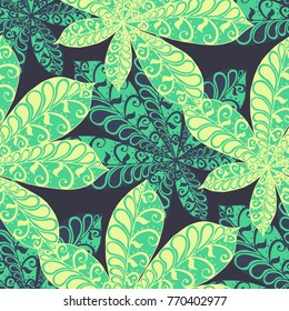 Chestnut Leaves. Seamless Zentangle Pattern with Bright Ornate Elements. Boho Abstract Pattern for Cloth, Swimwear, Dress, Linen. Colorful Seamless Texture in Trendy Colors.