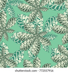Chestnut Leaves. Seamless Zentangle Pattern with Bright Ornate Elements. Boho Abstract Pattern for Cloth, Swimwear, Dress, Linen. Colorful Seamless Texture in Trendy Colors.