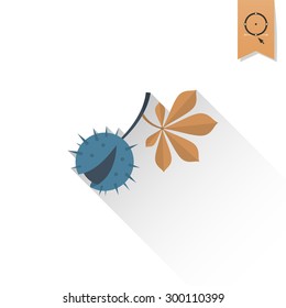 Chestnut and Chestnut Leaves. Single Flat Autumn Icon . Simple and Minimalistic Style. Vector