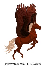 Chestnut Pegasus reared and flaps its wings, preraring for flight. Prancing stallion pricked up its ears and stared ahead with dilated nostrils. Symbol of inspiration.