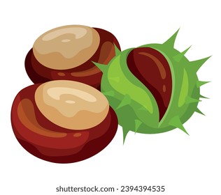 Chestnut pile cartoon nut half and whole edible plant isometric vector illustration. Seasonal raw natural food dietary snack heap organic ecology nutrition with brown peel and green shell diet eating