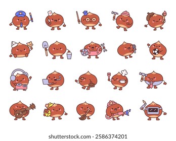 Chestnut professions cartoon set with cute kawaii characters holding different tools, equipment, objects, accessories, and items for yours cheerful creative designs illustration