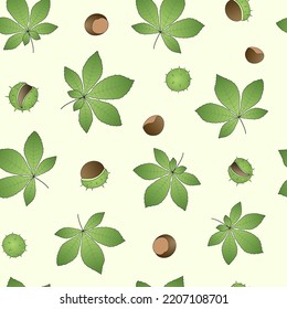 Chestnut seamless pattern. Nuts and green leaves