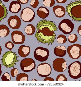  Chestnut seamless pattern on blue background. Hand drawn vector illustration.
