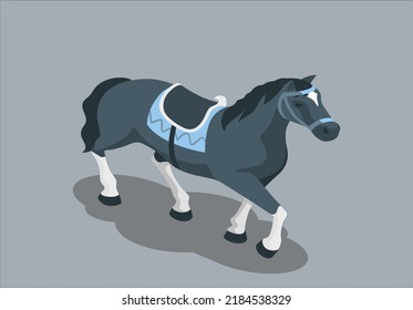 Chestnut shiny black horse galloping free isolated. A black horse isolated on a white background. He is trotting and is mainly in profile. With a long black mane and tail, he is also very muscular.