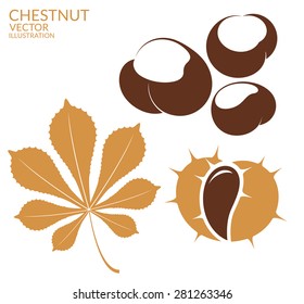 Chestnut silhouette. Vector illustration EPS. Isolated chestnut and leaf on white background. Vintage style sign