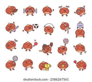 Chestnut sport set featuring cute kawaii cartoon characters engaging in various athletic activities, including team games, fitness training, and competitive challenges for an active lifestyle