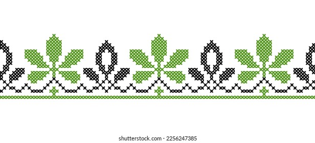 Chestnut tree leaves vector background, border. Ukrainian traditional embroidery of Kyiv s symbol. Pixel art, vyshyvanka, cross stitch.