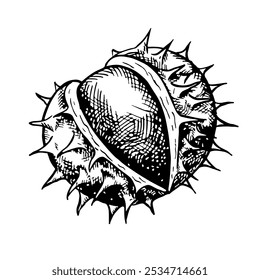 Chestnut. Vector graphics depicting the fruit of a ripe chestnut tree. A black and white hand-drawn illustration. On a white background. Great for labels, covers, flyers and packages.