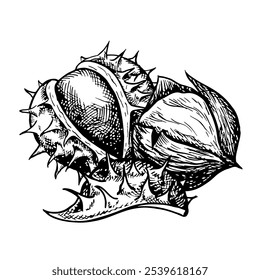 Castaño. Gráficos de Vector que representan frutos de castaño en la cáscara y sin la cáscara. Una ilustración dibujada a mano en blanco y negro. Sobre un fondo blanco. Ideal para etiquetas, cubiertas, folletos y paquetes.