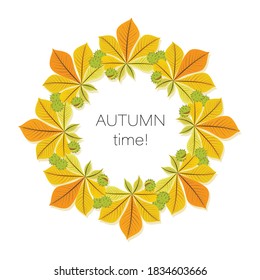 Chestnut wreath. Autumn leaves. Round frame. Vector background. Poster. Concept fall template 