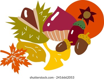 Chestnuts, acorns, persimmons, and autumn leaves