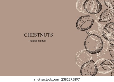 Chestnuts card template design hand drawn vector illustration. Background with leaves and fruits of chestnut plant for packaging, label, wrapping, print, paper. Organic product, food, sweet chestnut