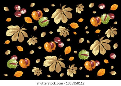 Chestnuts, orange and golden leaves on the dark background, hand-drawn.
