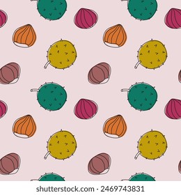 Chestnuts seamless pattern hand drawn vector illustration. Repeating background with abstract forest nuts, fruits chestnut for wallpaper, print, card, label, wrapping, textile, paper. Autumn food 