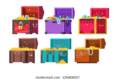 Chests with gold coins and jewelry vector money and diamonds or brilliants pearl beads and rubies wealth and riches in container with lock ancient gemstones and precious jewellery in wooden boxes.