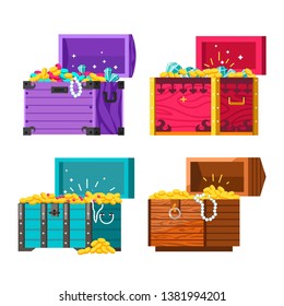 Chests with gold coins and jewelry vector money and diamonds 