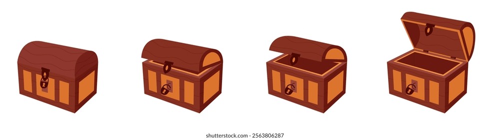 Chests set. Set of wooden chests with open and closed lid. Chests for pirate treasures.