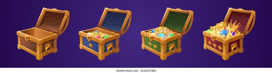 Chests With Treasure, Empty And Full Wooden Box With Golden Coins, Gem Stones Or Crystals. Trophy Trunks, Game Level Reward. Pirate Loot, Fantasy Assets, Gui Elements, Cartoon Vector Illustration, Set