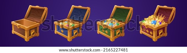 Chests with treasure, empty and full wooden box with\
golden coins, gem stones or crystals. Trophy trunks, game level\
reward. Pirate loot, fantasy assets, gui elements, Cartoon vector\
illustration, set