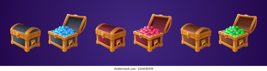 Chests with treasure, open and closed wooden box with green red blue gem stones or crystals. Trophy trunks game level reward. Pirate loot, fantasy assets, gui elements, Cartoon vector illustration set
