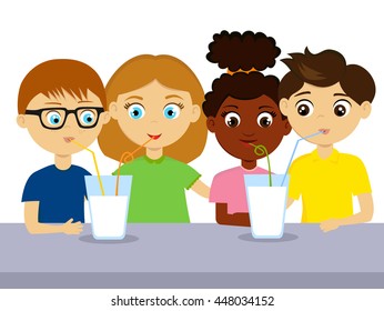 Chetverhy company of young people sitting at stolomi and drink beverages through a tube. Two young couples drinking cocktails out of their glasses on a white background.