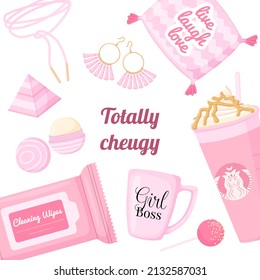 Cheugy elements collection banner. Square pink poster. Cartoon illustration.