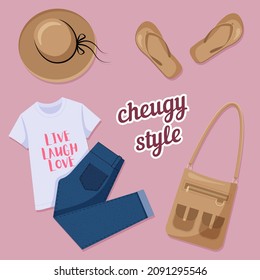 Cheugy style. T-shirt with slogans about cheuglife, skinny jeans, flip flops, bag with pockets and  brimmed hat are typical things that are outdated for a new generetion Z. Vector illustration.