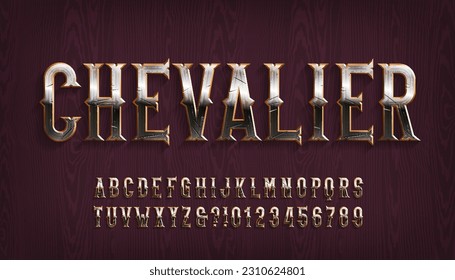 Chevalier alphabet font. Scratched metal letters and numbers. Stock vector typescript for your typography design.