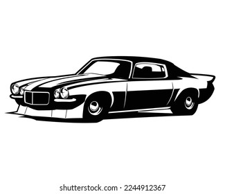 Chevrolet Camaro 1970s silhouette. isolated white background view from front. Best for logos, badges, emblems, t-shirts, icons, stickers and car industry.