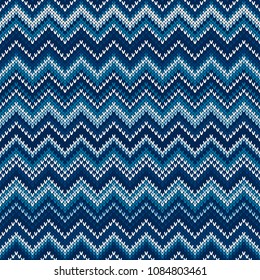 Chevron Abstract Knitted Sweater Pattern. Vector Seamless Background with Shades of Blue Colors. Wool Knit Texture Imitation