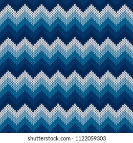 Chevron Abstract Knitted Sweater Pattern. Vector Seamless Background with Shades of Blue Colors. Wool Knit Texture Imitation