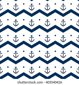 Chevron with anchors in blue and white seamless pattern, vector